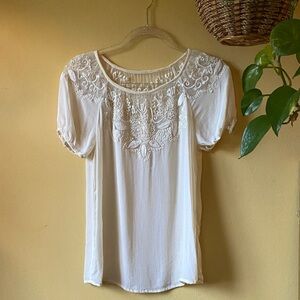 Vtg Silk Cream White Embroidered Women's Top sz S